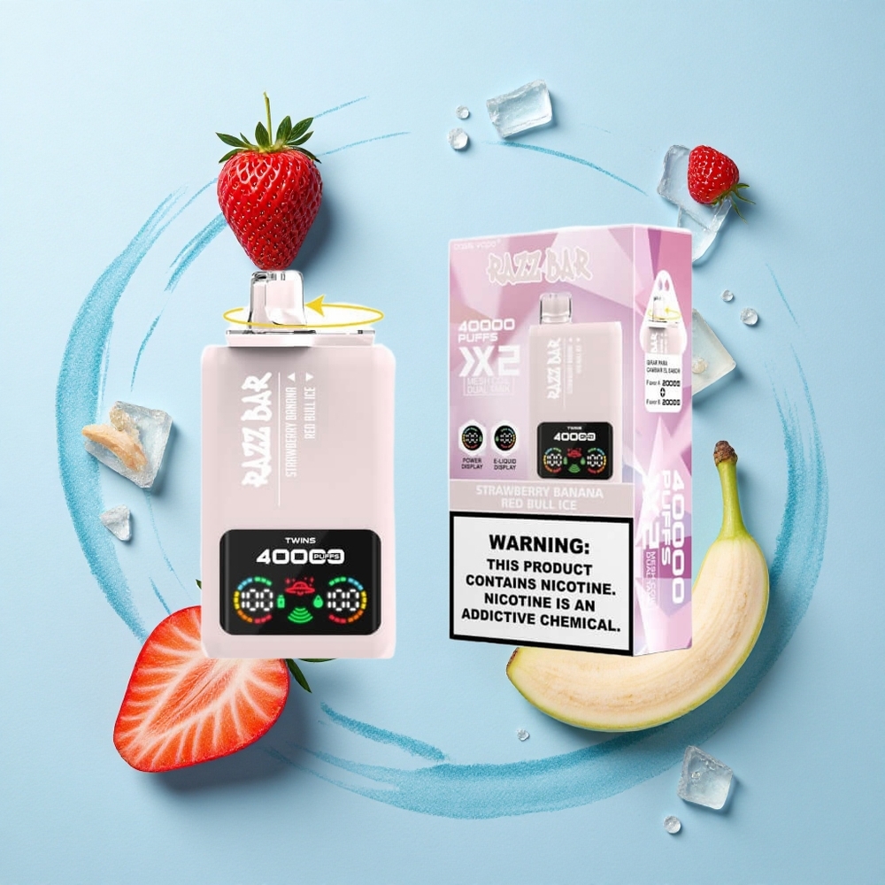 Razz Bar 40000 Puffs Strawberry Banana - Red Bull Ice with Power Screen & Mesh Coil
