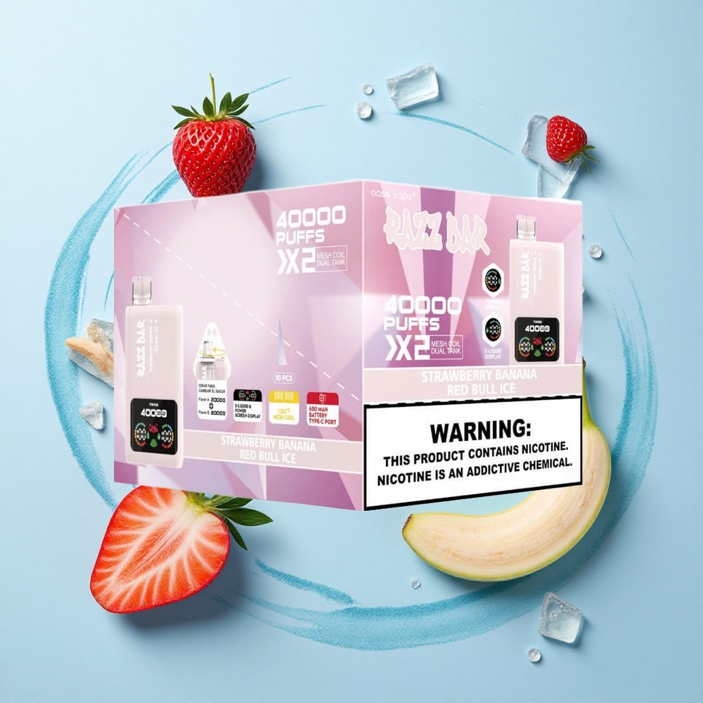 Razz Bar 40000 Puffs Strawberry Banana - Red Bull Ice with Power Screen & Mesh Coil